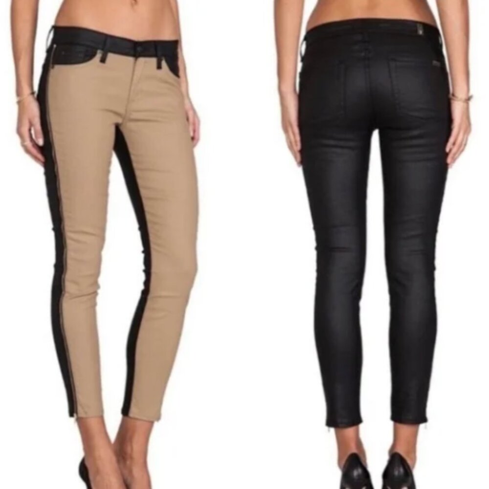 7 For All Mankind Faux Leather Black / Tan Side Zipper Skinny Pant Size 26.